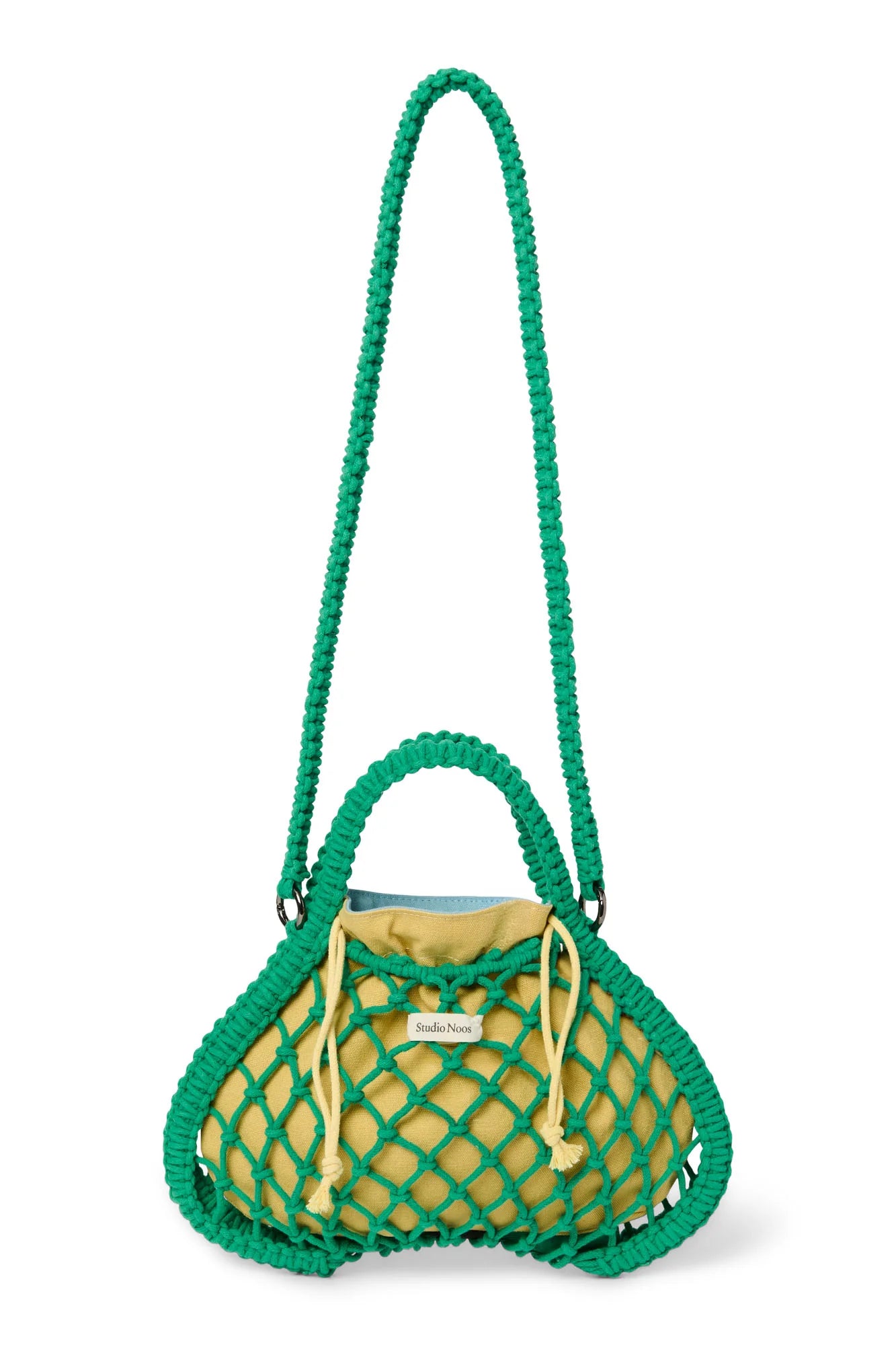 Studio Noos - Mini-Handtasche aus Makramee in Grün mit Wende-Inlay in Blau-Gelb