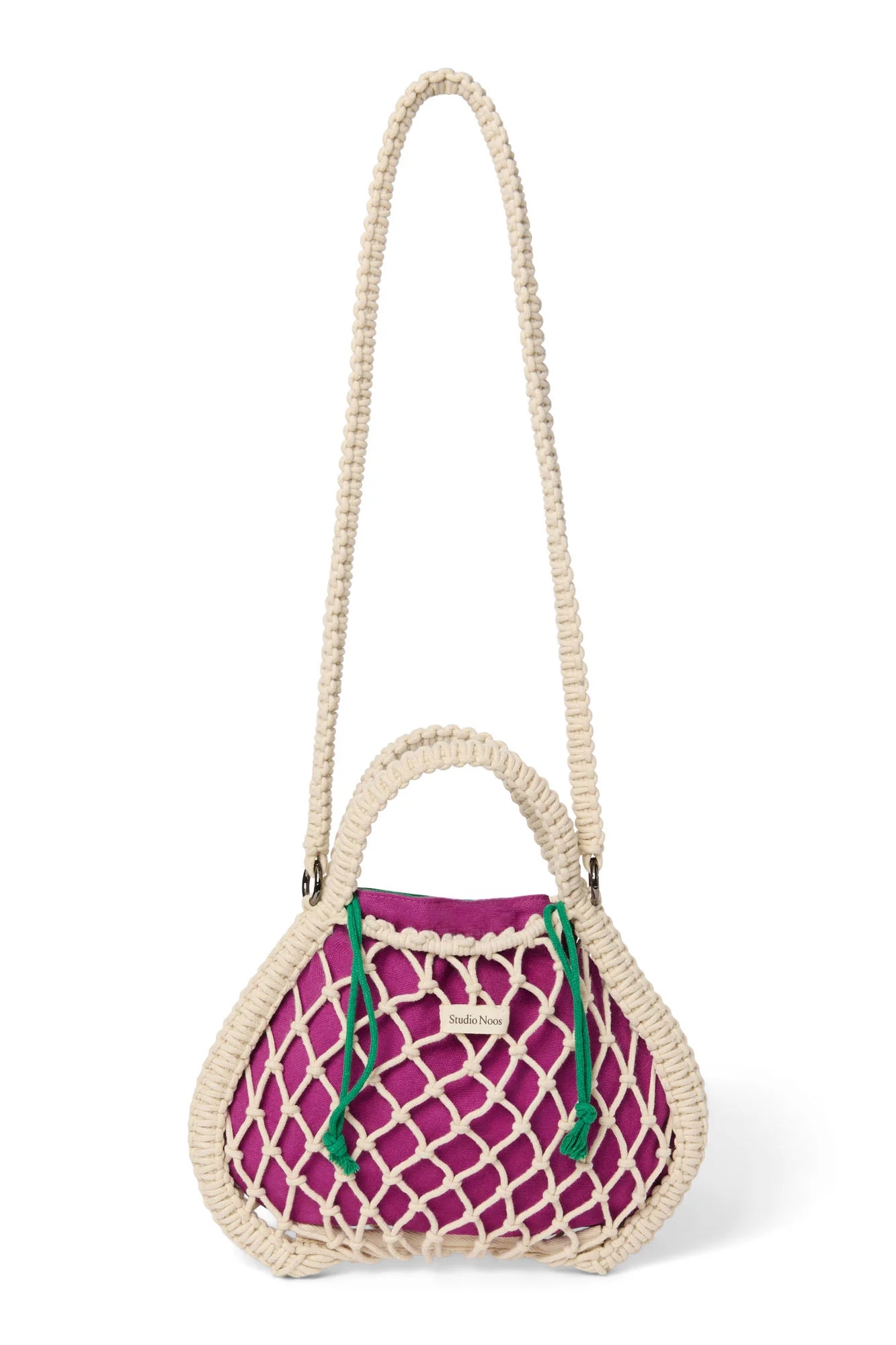 Studio Noos - Mini-Handtasche aus Makramee in Natur mit Wende-Inlay in Grün-Lila