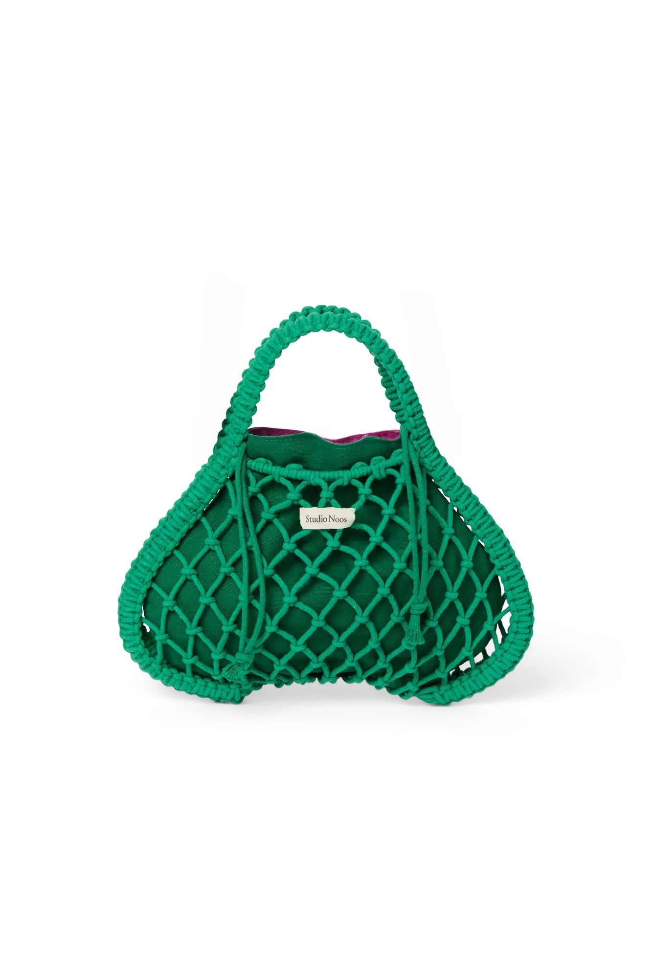 Studio Noos - Mini-Handtasche aus Makramee in Grün mit Wende-Inlay in Lila-Grün
