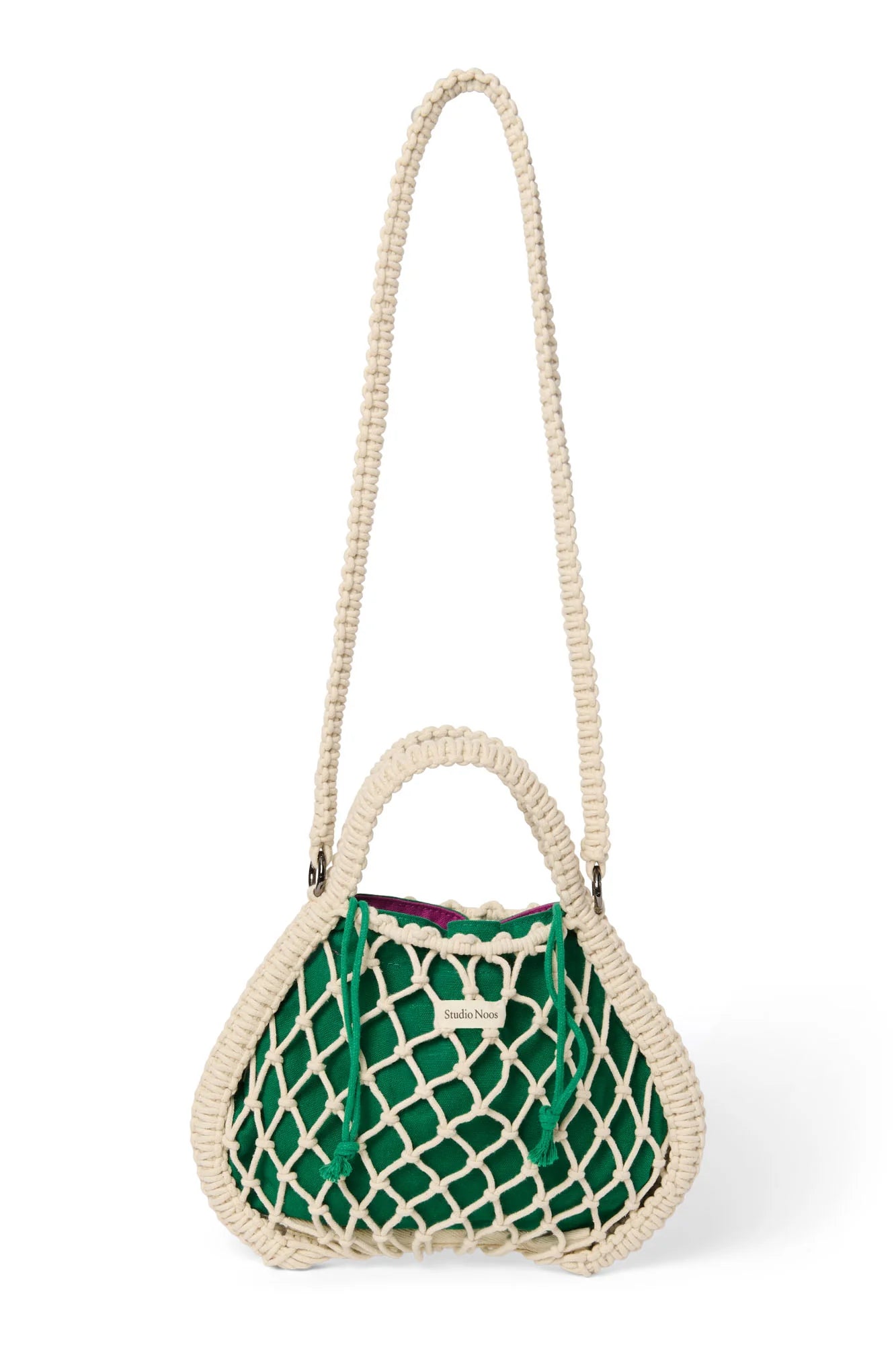 Studio Noos - Mini-Handtasche aus Makramee in Natur mit Wende-Inlay in Grün-Lila