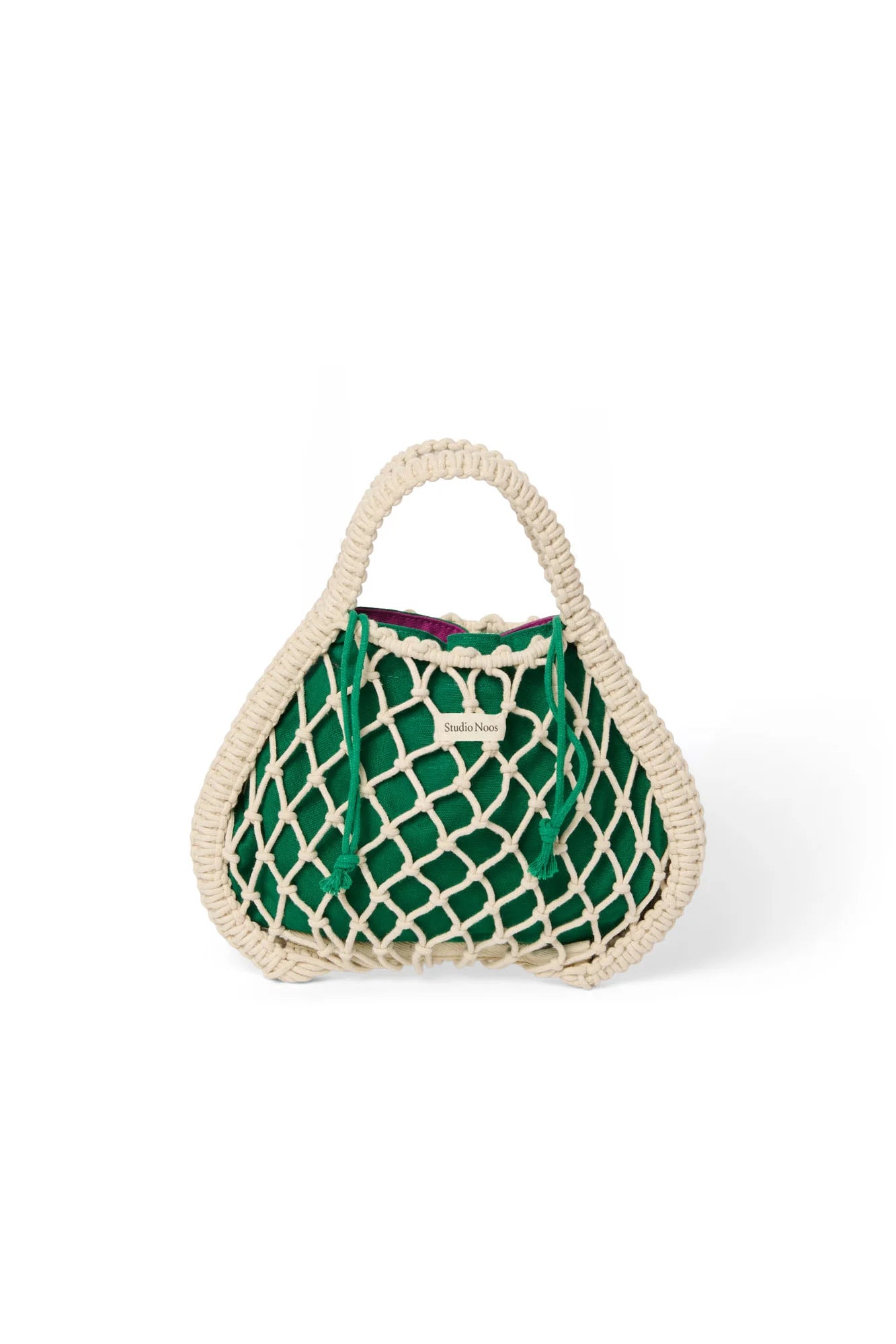 Studio Noos - Mini-Handtasche aus Makramee in Natur mit Wende-Inlay in Grün-Lila