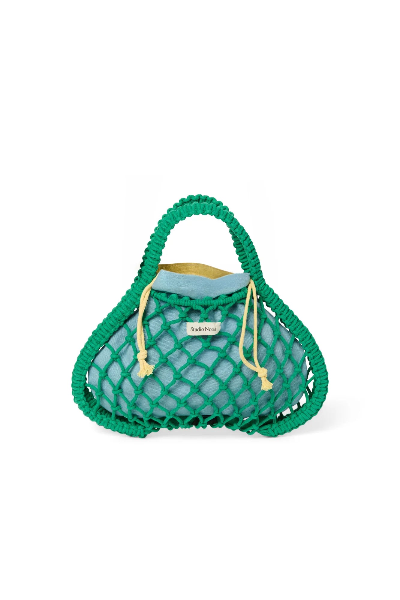 Studio Noos - Mini-Handtasche aus Makramee in Grün mit Wende-Inlay in Blau-Gelb