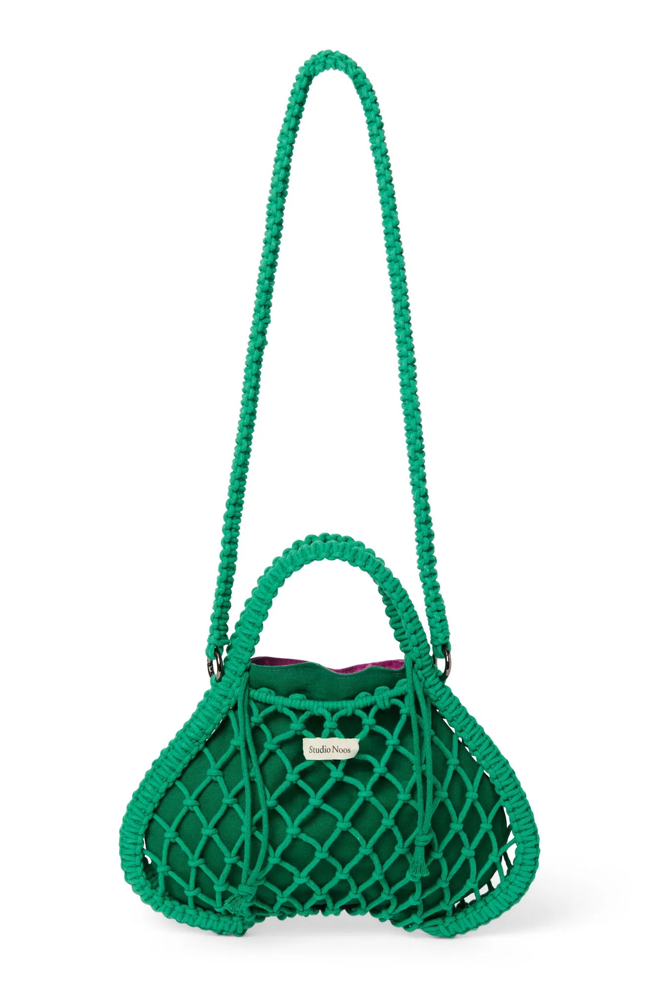 Studio Noos - Mini-Handtasche aus Makramee in Grün mit Wende-Inlay in Lila-Grün