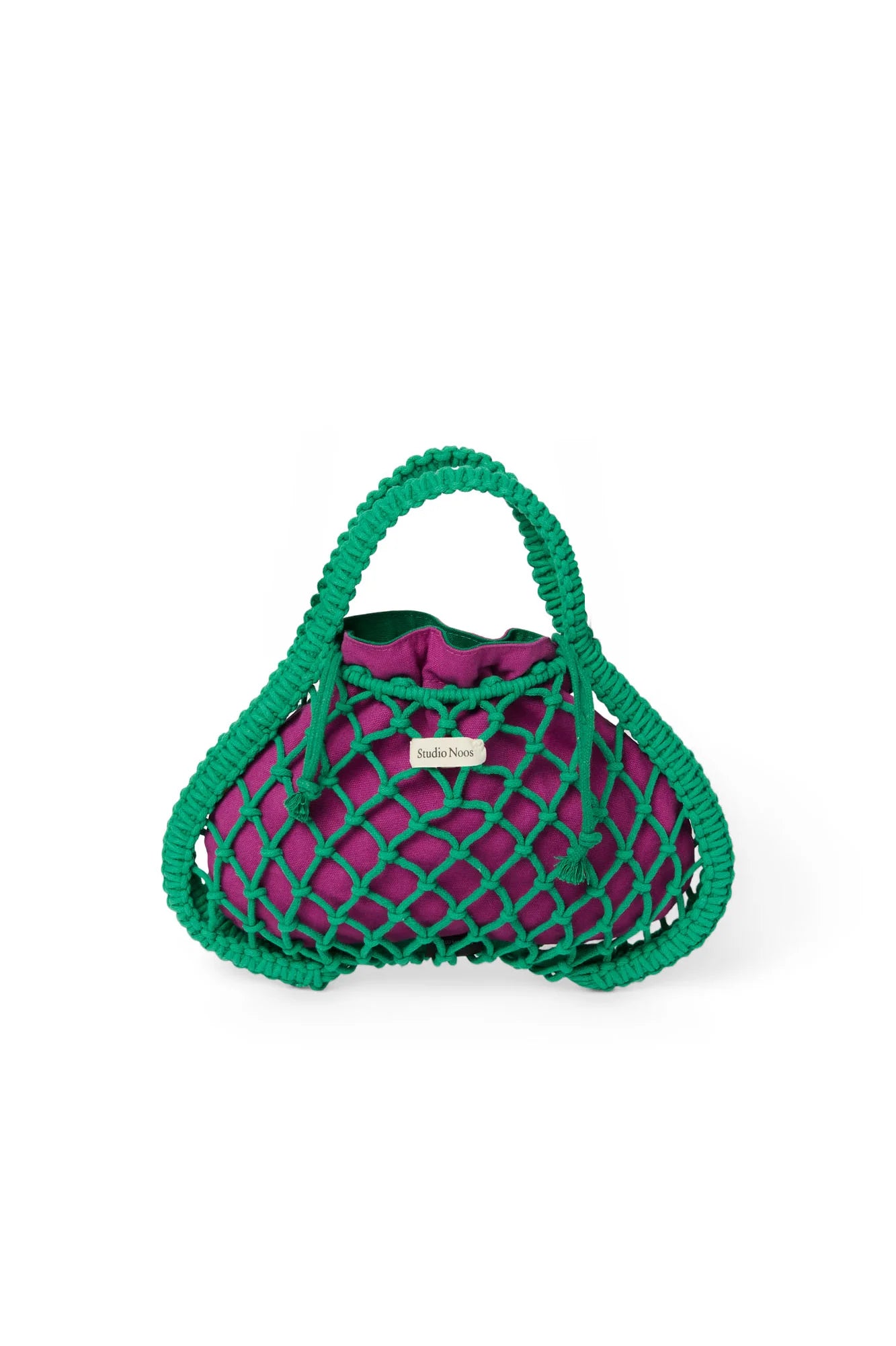 Studio Noos - Mini-Handtasche aus Makramee in Grün mit Wende-Inlay in Lila-Grün