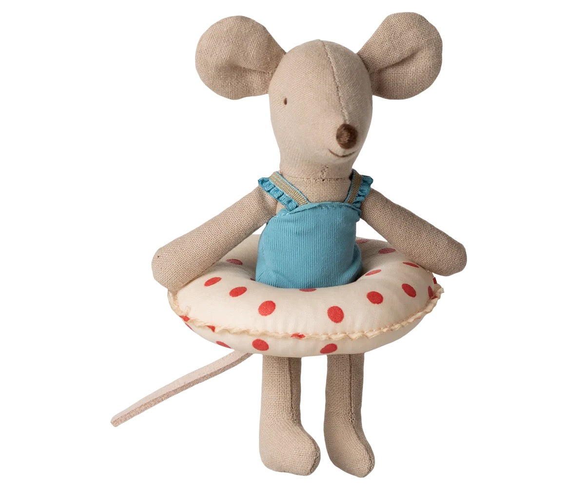 Maileg - Beach mouse with float, Little sister - Red dots - Maus mit Schwimmreifen
