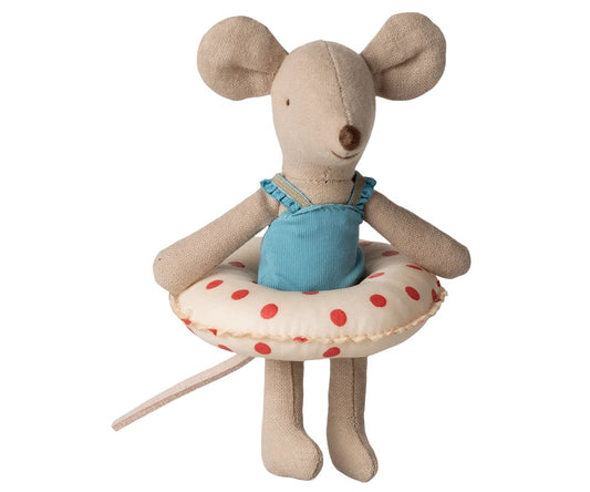 Maileg - Beach mouse with float, Little sister - Red dots - Maus mit Schwimmreifen
