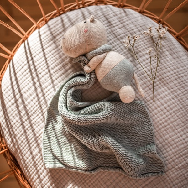 Ava & Yves - Kuscheltuch mit Hippo groß, graublau/natur