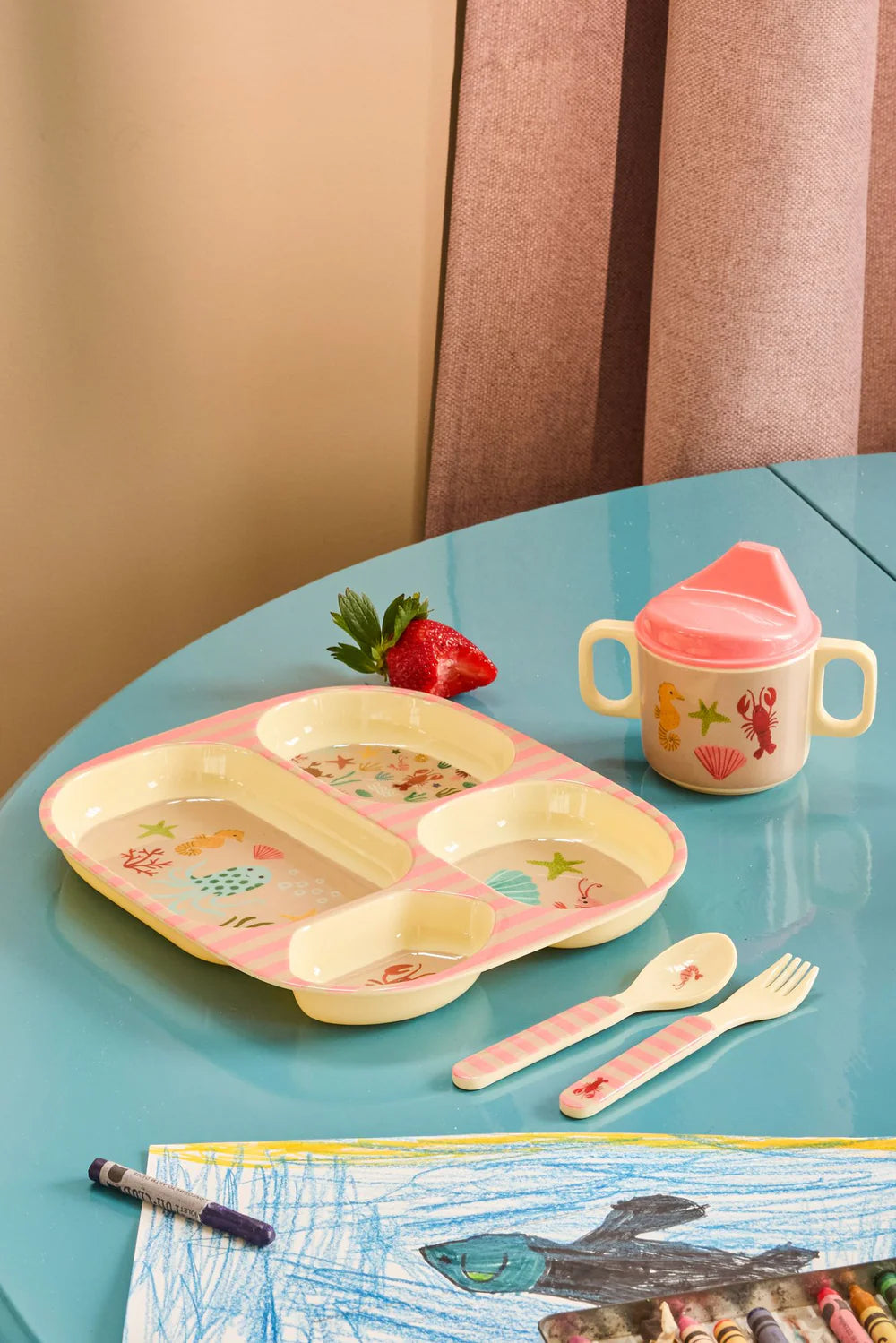 Rice Kinderteller mit 4er Einteilung - Ocean Print - Pink